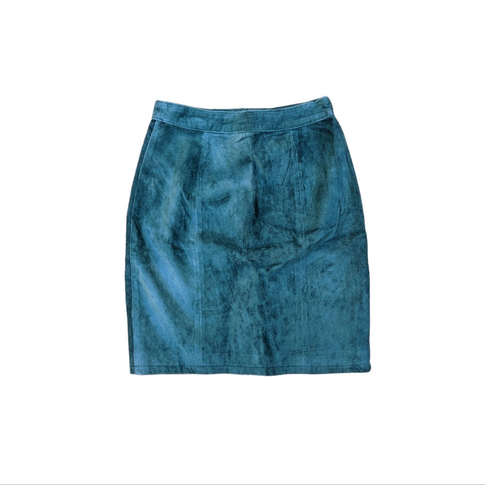 Green Turquoise Vintage 80s Suede Pencil Skirt High Rise Pleat Miniskirt Size 7